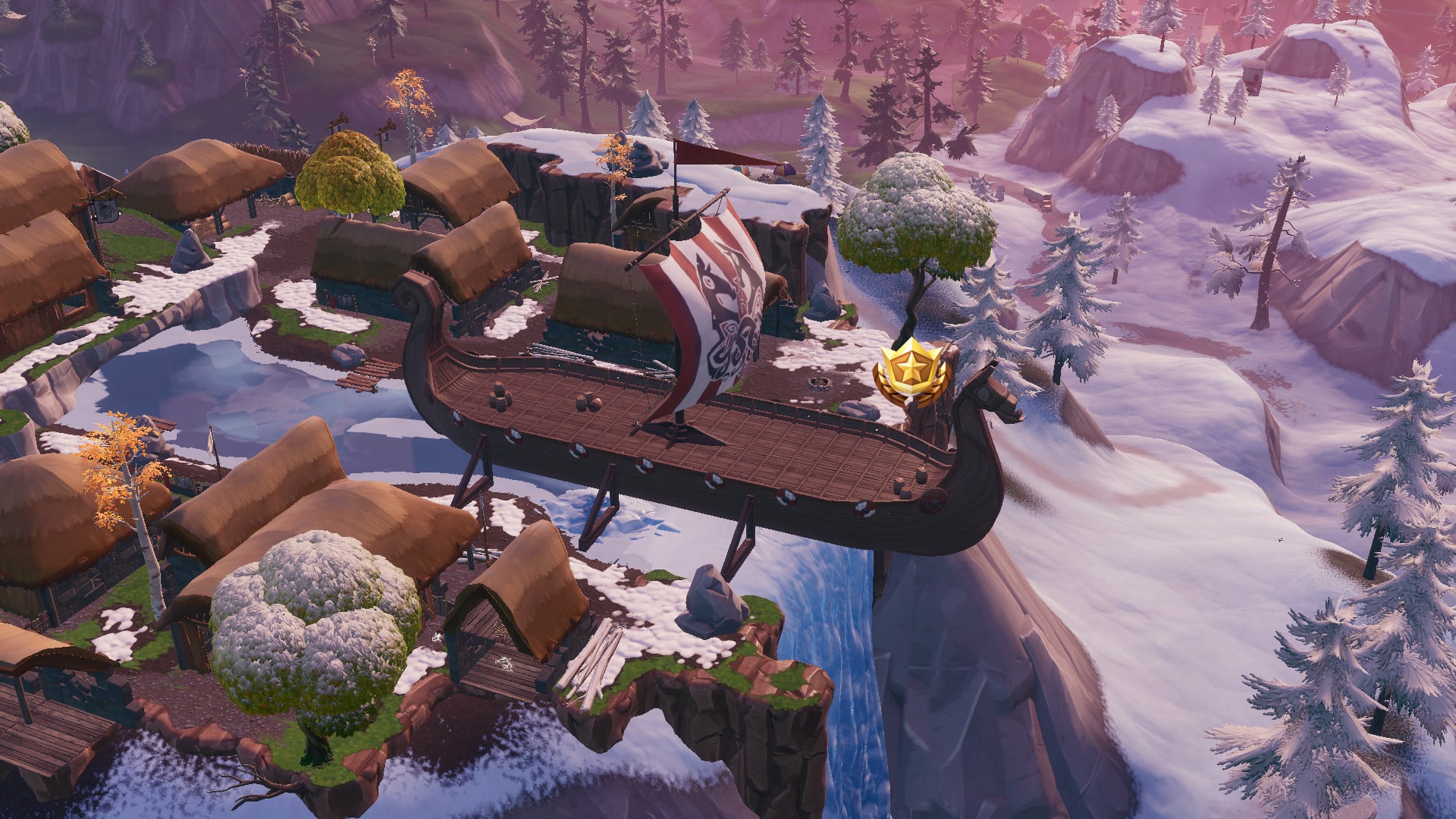 we could only identify one identical looking ship that is located on the top of the vikings village and it s sitting on the edge of the frozen waterfall - fortnite viking ship moving
